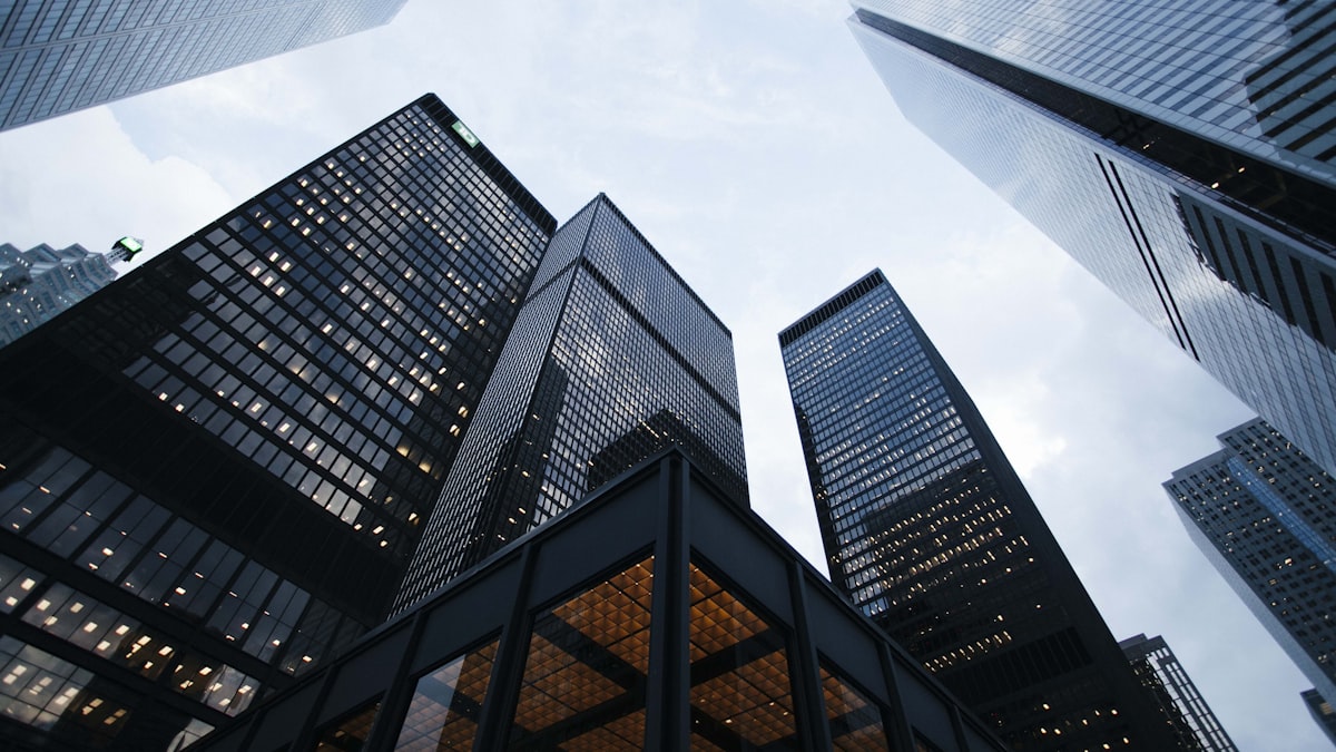 Glass towers in a financial district